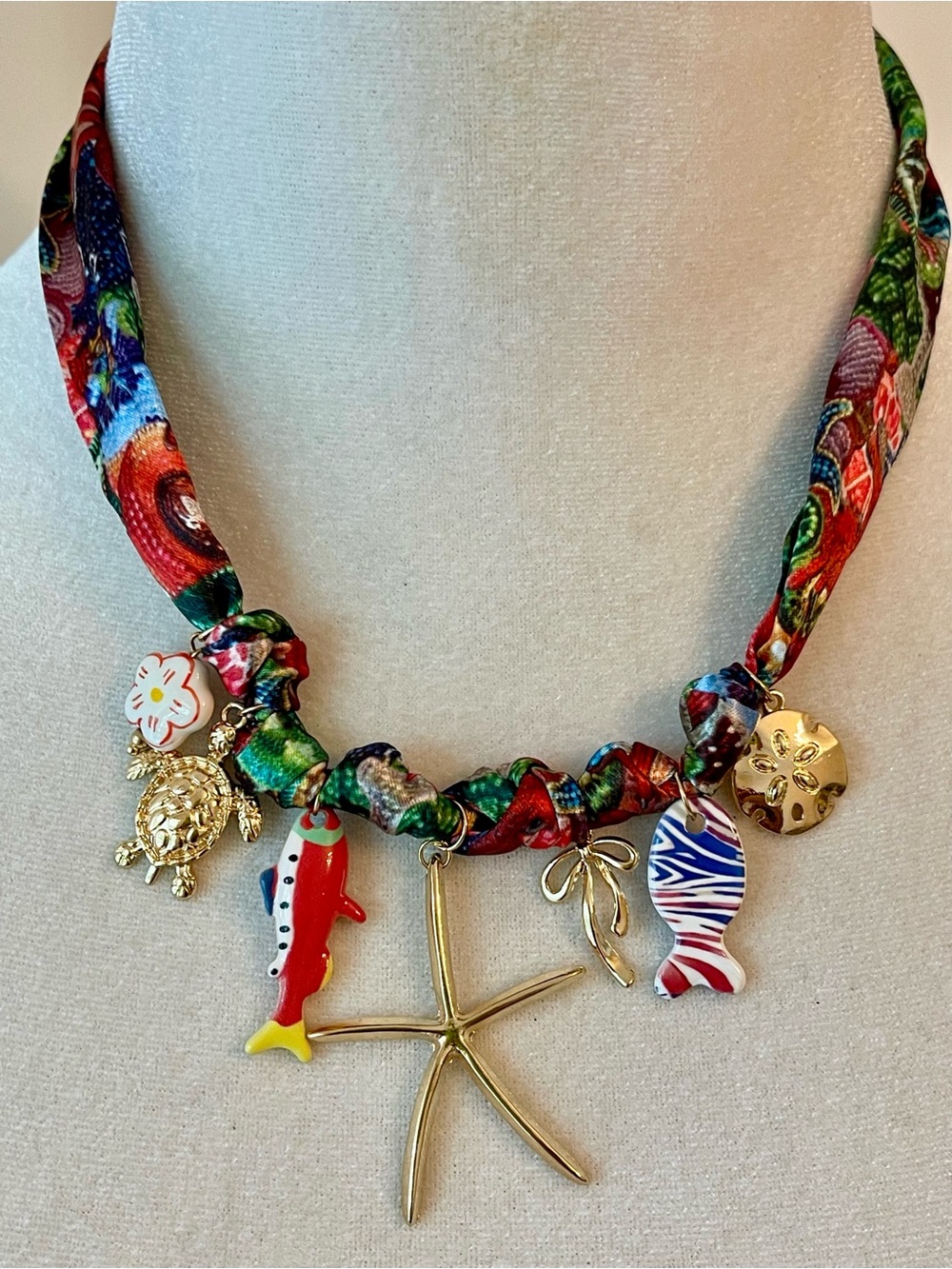 Colorful Tropical Charm Bandanna Necklace with Gold Starfish